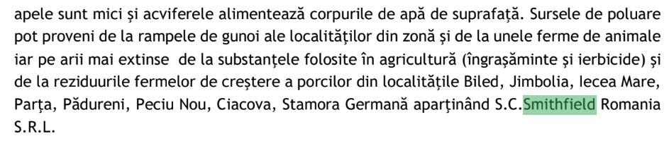 Captură din raportul Apele Române care menţionează Smithfield pe lista de potenţiali poluatori