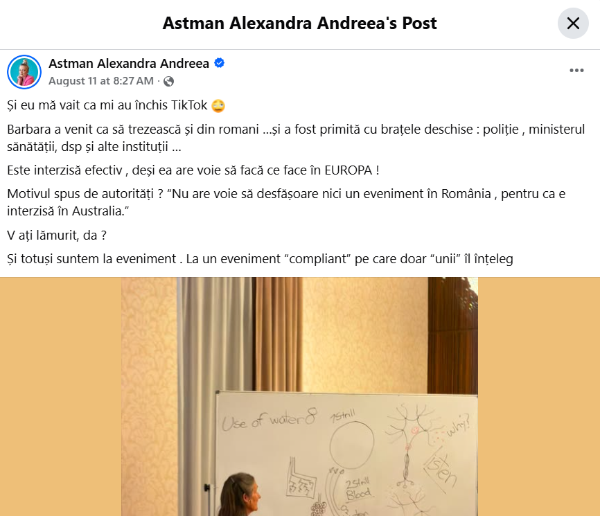 Fake news de la AUR: “În România Nu ai voie să vorbești despre stilul de viață sănătos că te ia poliția!” 5 Astman Alexandra Andreeas Post facebook insert 1