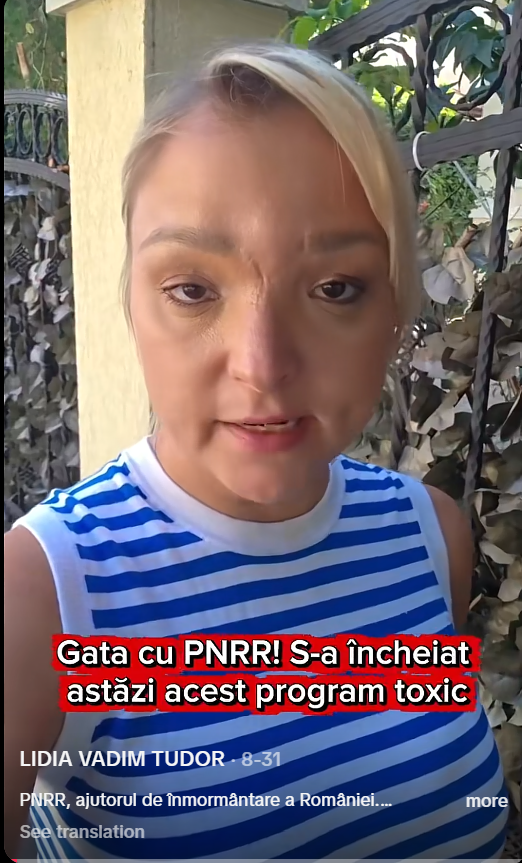 Parlamentul pe TikTok. Castrarea chimică a copiilor, oile din Ucraina și banii europeni care ne îngenunchează - dezinformările publicate de deputați și senatori 3 lidia vadim tudor pnrrtoxic sursa captura tt